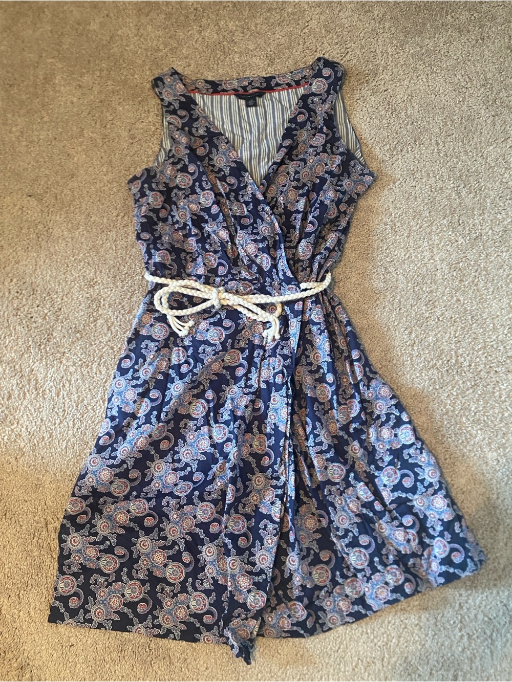 Tommy Hilfiger Navy Paisley Wrap Midi Dress with Braided Belt